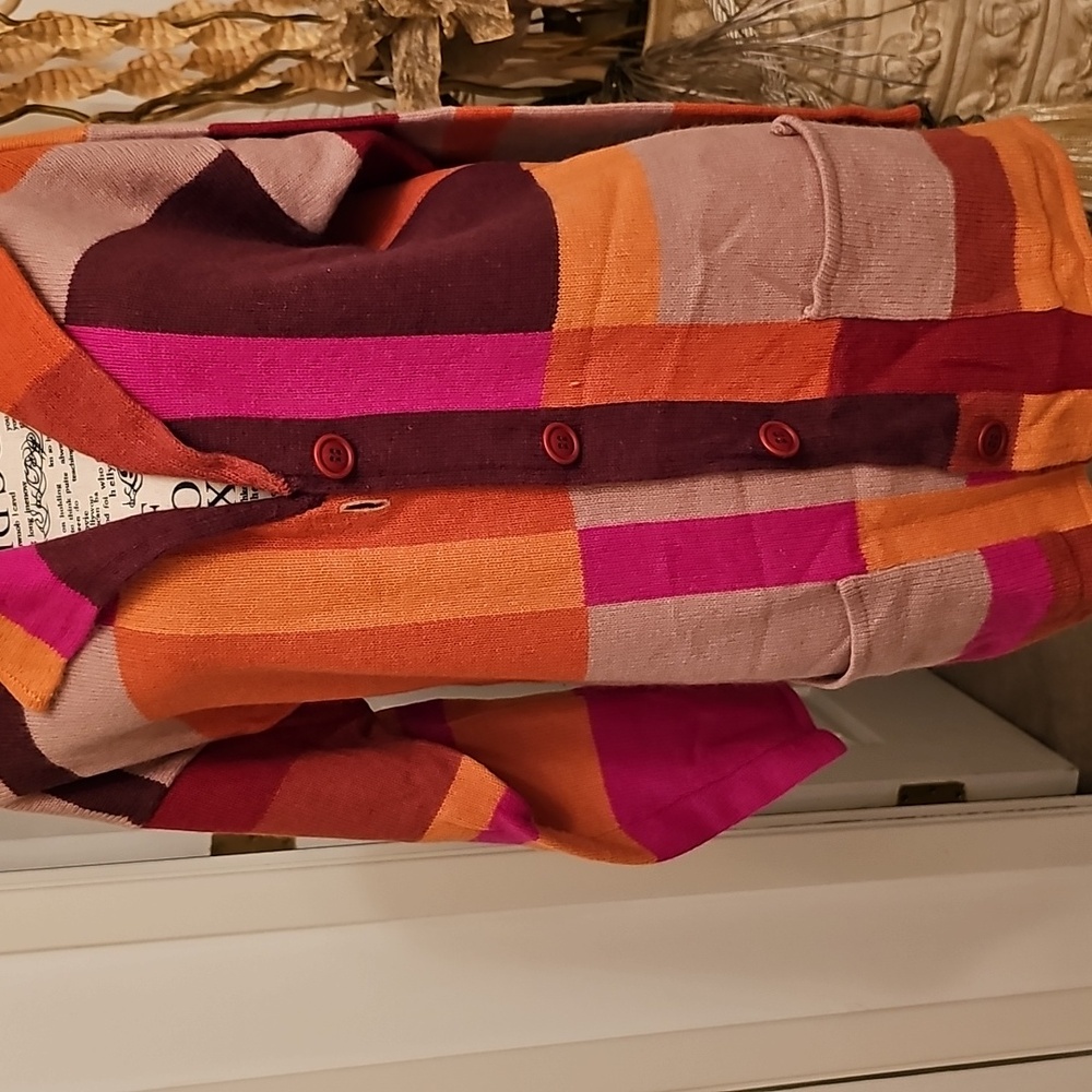 ORANGE MULTI COLOR BUTTON DOWN SWEATER - Picture 7 of 9